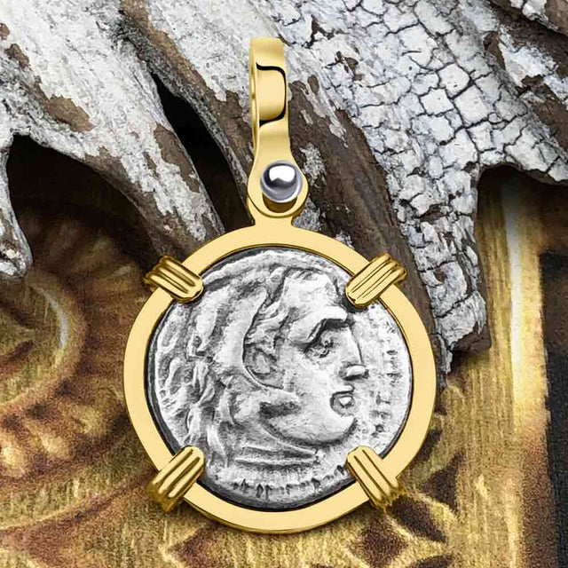 Ancient Greek Alexander the Great Silver Drachm Coin 14K Gold Pendant