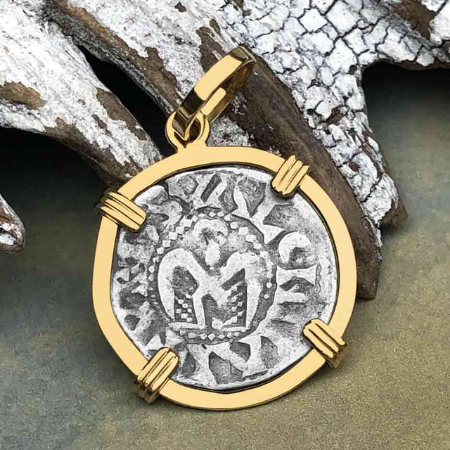 Templar Knights Era French Healing Angel Silver Denier 14K Gold Pendant