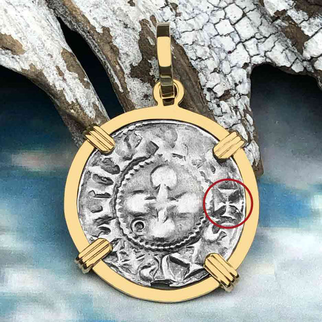 Templar Knights Era French Healing Angel Silver Denier 14K Gold Pendant