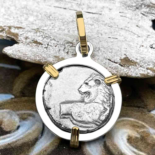 Ancient Greek Lion Hemidrachm 400 BC 14K Gold and Sterling Silver Pendant