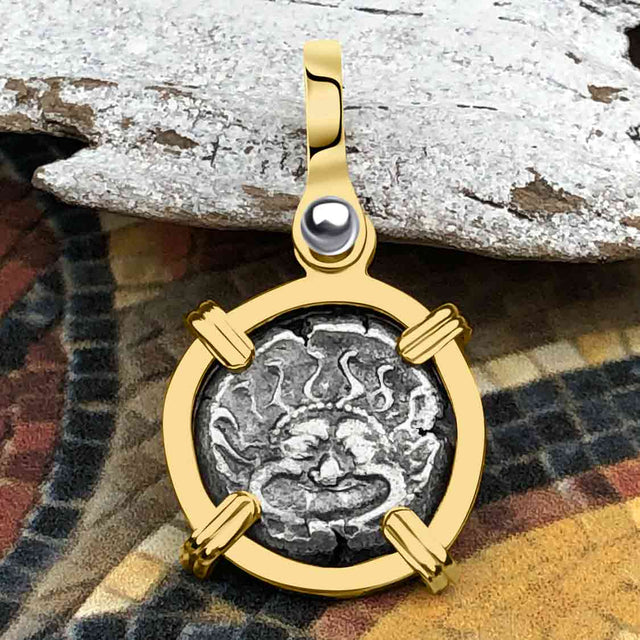 Ancient Greek Gorgon & Anchor Symbols of Protection & Hope Silver Drachm 400 BC 14K Gold Pendant