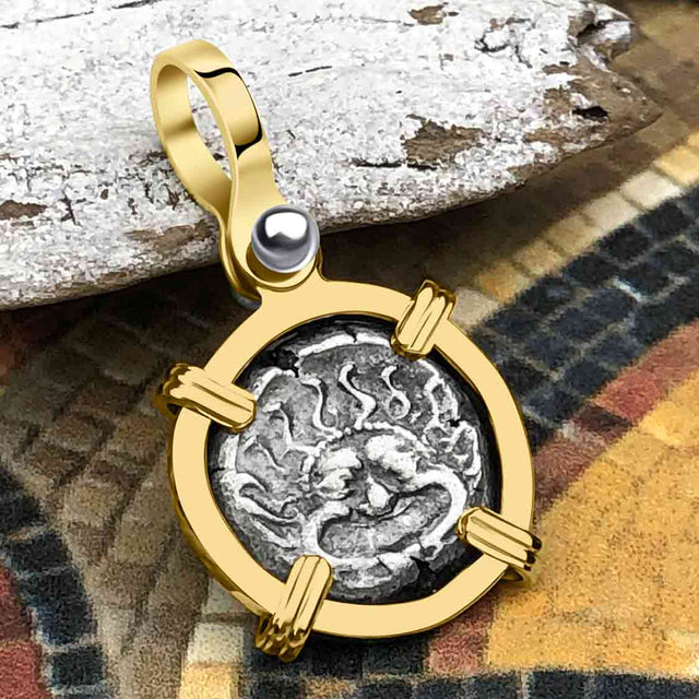 Ancient Greek Gorgon & Anchor Symbols of Protection & Hope Silver Drachm 400 BC 14K Gold Pendant