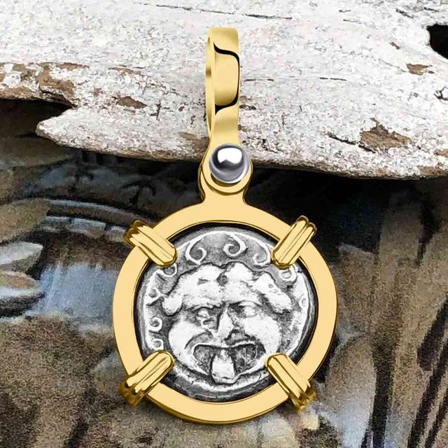 Ancient Greek Gorgon & Anchor Symbols of Protection & Hope Silver Drachm 400 BC 14K Gold Pendant