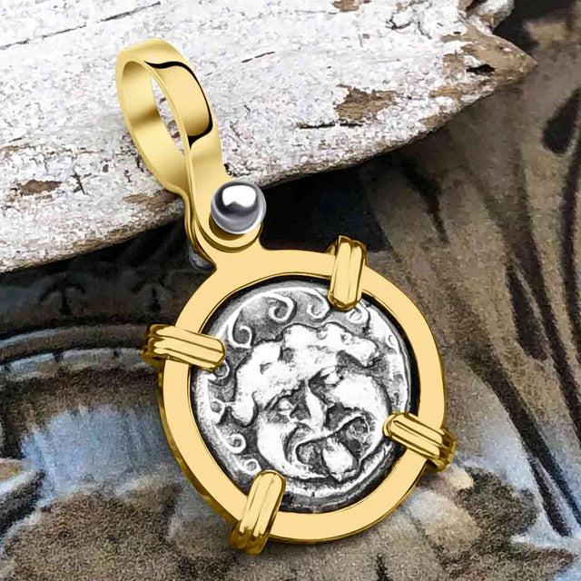 Ancient Greek Gorgon & Anchor Symbols of Protection & Hope Silver Drachm 400 BC 14K Gold Pendant
