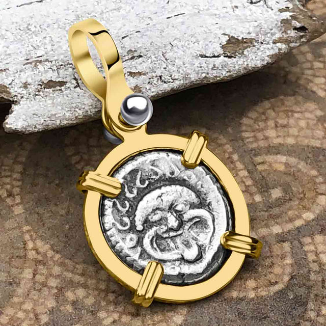Ancient Greek Gorgon & Anchor Symbols of Protection & Hope Silver Drachm 400 BC 14K Gold Pendant