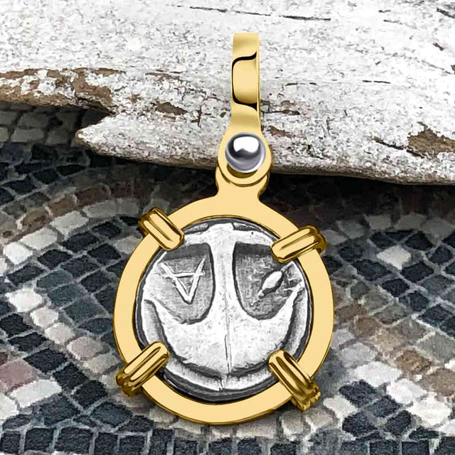 Ancient Greek Gorgon & Anchor Symbols of Protection & Hope Silver Drachm 400 BC 14K Gold Pendant