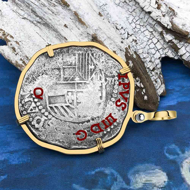Mel Fisher's Atocha 8 Reale Shipwreck Coin 14K Gold Pendant - Rare Treasure Chest Bag Marks