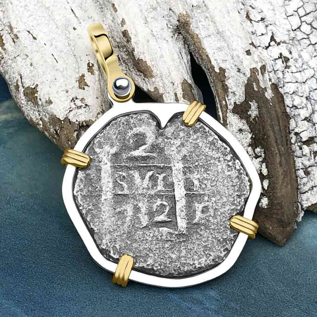 Princess Louisa Shipwreck Dated 1732 2 Reale Piece of Eight 14K Gold and Sterling Silver Pendant