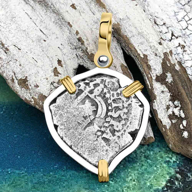 Heart Shaped 1653 Consolacion Shipwreck Pirate Era Spanish 1 Reale Piece of Eight 14K Gold & Sterling Silver Pendant