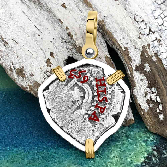 Heart Shaped 1653 Consolacion Shipwreck Pirate Era Spanish 1 Reale Piece of Eight 14K Gold & Sterling Silver Pendant