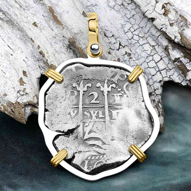 1670 Consolacion Shipwreck Pirate Era Spanish 2 Reale Piece of Eight 14K Gold & Sterling Silver Pendant