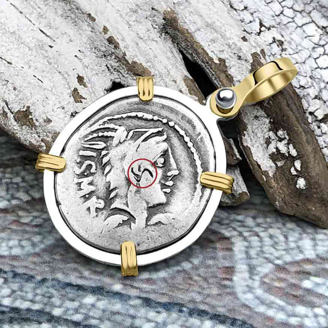 Roman Republic Silver Denarius 105 BC Juno and the Bull 14K Gold and Sterling Silver Pendant