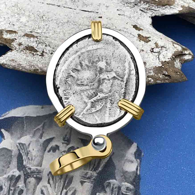 Roman Republic Silver Denarius 48 BC Pan and Jupiter 14K Gold and Sterling Silver Pendant
