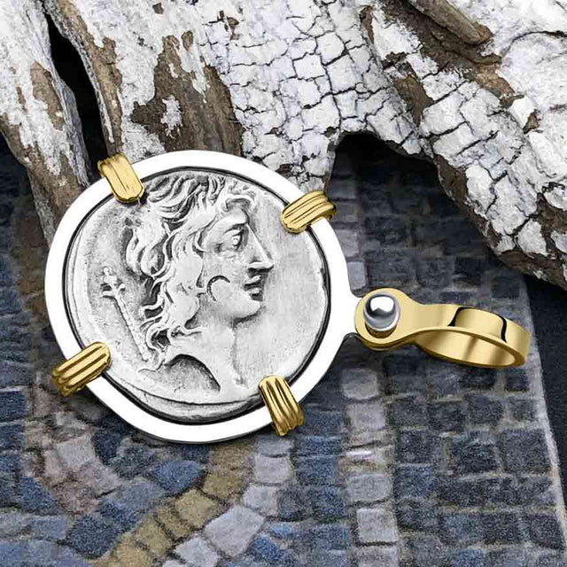 Roman Republic Silver Denarius 55 BC Genius & the Eagle 14K Gold & Sterling Silver Pendant