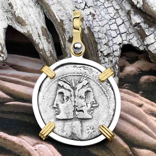 Roman Republic Silver Denarius 114 BC Janus - the God of Beginnings, Change and Endings 14K Gold and Sterling Silver Pendant