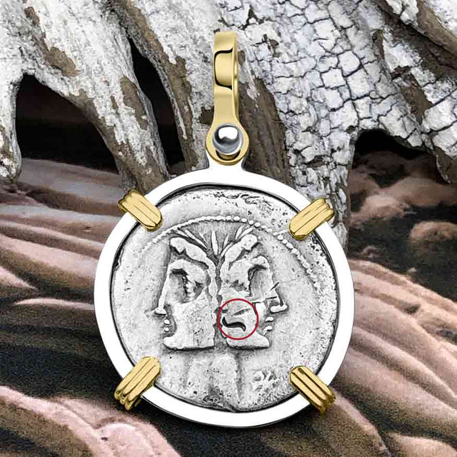Roman Republic Silver Denarius 114 BC Janus - the God of Beginnings, Change and Endings 14K Gold and Sterling Silver Pendant