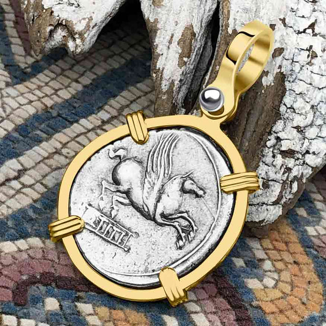Roman Republic Silver Denarius 90 BC Pegasus 14K Gold Pendant