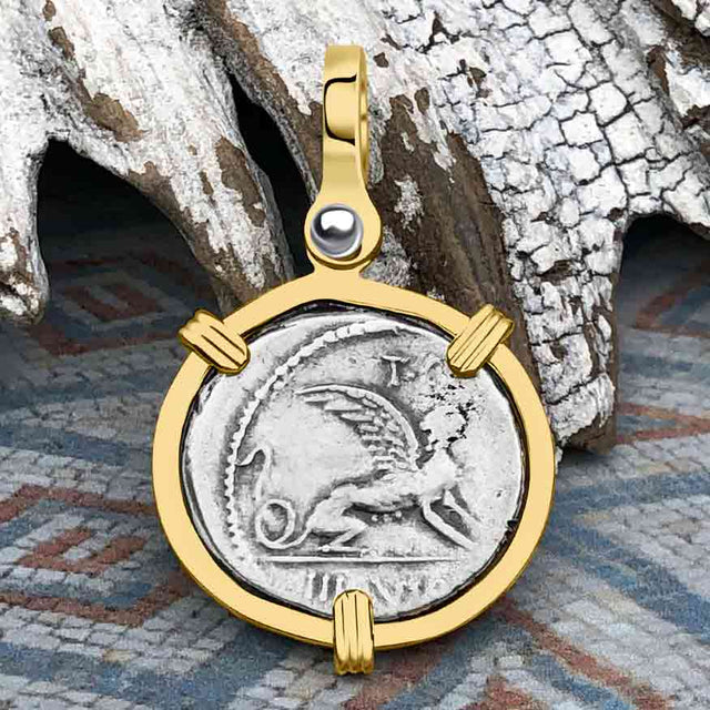 Roman Republic Silver Denarius 46 BC the Sphinx & the Prophetess 14K Gold Pendant