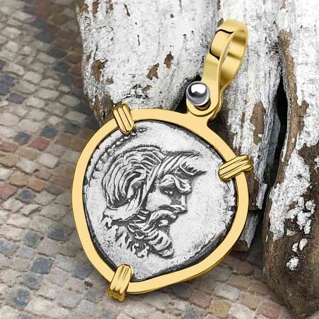 Roman Republic Silver Denarius 48 BC Pan and Jupiter 14K Gold Pendant