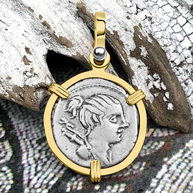 Roman Republic Silver Denarius 73 BC Diana & the Hound 14K Gold Pendant