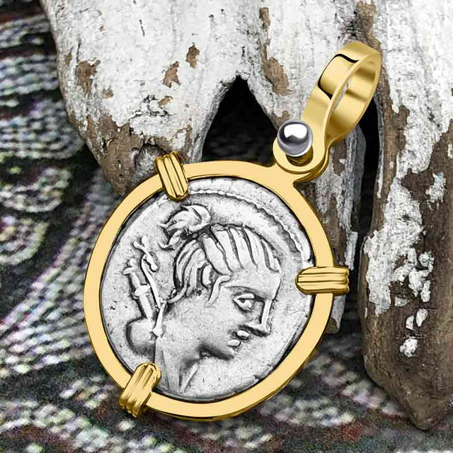 Roman Republic Silver Denarius 73 BC Diana & the Hound 14K Gold Pendant