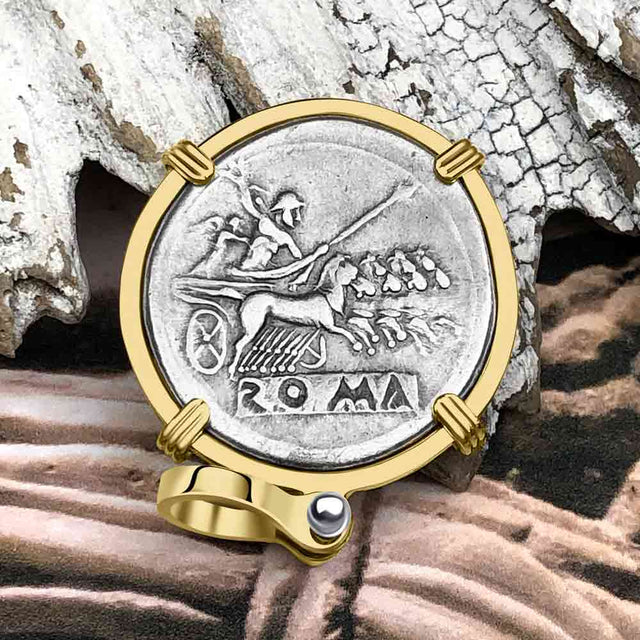Roman Republic Rare Silver Quadrigatus 225 BC Janus, the God of Beginnings, Change and Endings 14K Gold Pendant