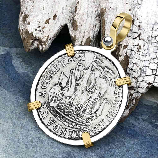 Dutch East India Company 1791 Silver 6 Stuiver Ship Shilling "I Struggle and Survive" 14K Gold & Sterling Silver Pendant
