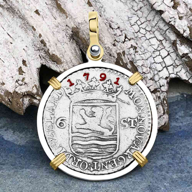 Dutch East India Company 1791 Silver 6 Stuiver Ship Shilling "I Struggle and Survive" 14K Gold & Sterling Silver Pendant