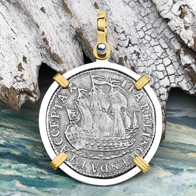 Dutch East India Company 1785 Silver 6 Stuiver Ship Shilling "I Struggle and Survive" 14K Gold & Sterling Silver Pendant