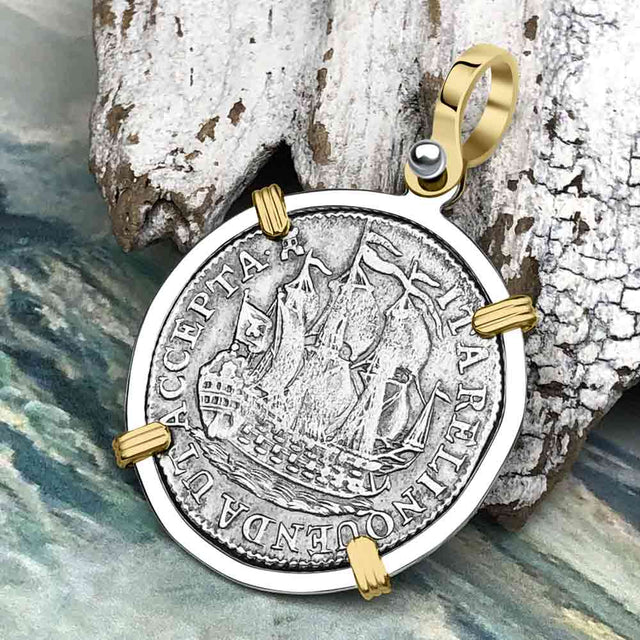 Dutch East India Company 1785 Silver 6 Stuiver Ship Shilling "I Struggle and Survive" 14K Gold & Sterling Silver Pendant