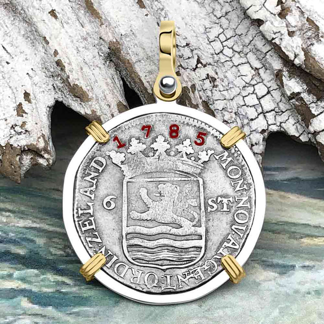 Dutch East India Company 1785 Silver 6 Stuiver Ship Shilling "I Struggle and Survive" 14K Gold & Sterling Silver Pendant
