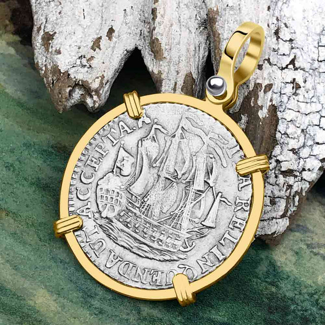 Dutch East India Company 1791 Silver 6 Stuiver Ship Shilling "I Struggle and Survive" 14K Gold Pendant