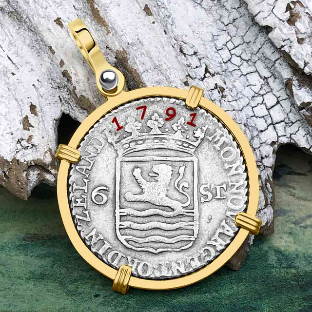 Dutch East India Company 1791 Silver 6 Stuiver Ship Shilling "I Struggle and Survive" 14K Gold Pendant