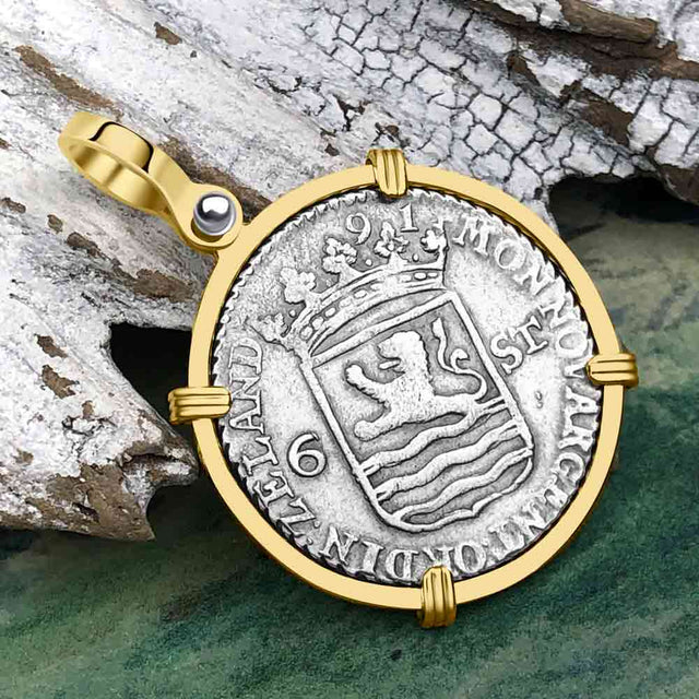 Dutch East India Company 1791 Silver 6 Stuiver Ship Shilling "I Struggle and Survive" 14K Gold Pendant