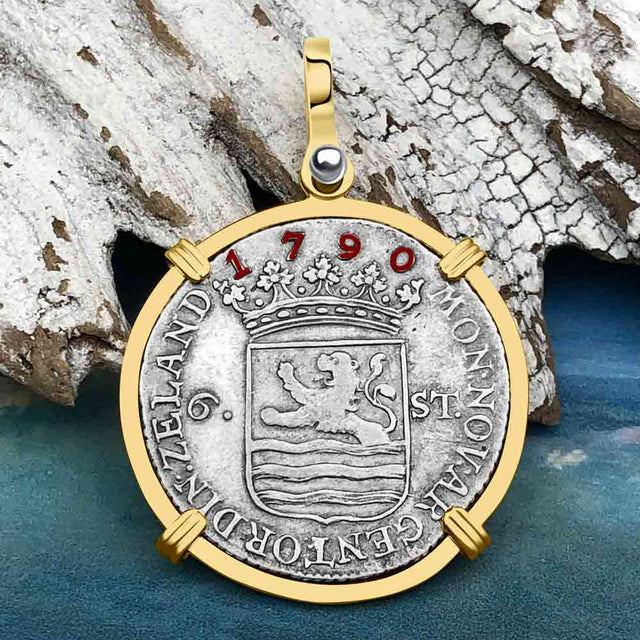Dutch East India Company 1790 Silver 6 Stuiver Ship Shilling "I Struggle and Survive" 14K Gold Pendant