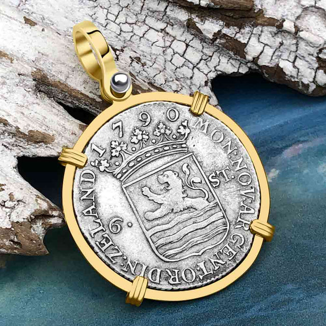Dutch East India Company 1790 Silver 6 Stuiver Ship Shilling "I Struggle and Survive" 14K Gold Pendant