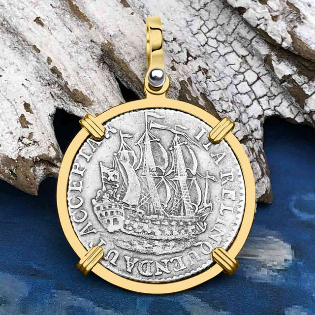 Dutch East India Company 1773 Silver 6 Stuiver Ship Shilling "I Struggle and Survive" 14K Gold Pendant