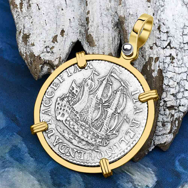 Dutch East India Company 1773 Silver 6 Stuiver Ship Shilling "I Struggle and Survive" 14K Gold Pendant