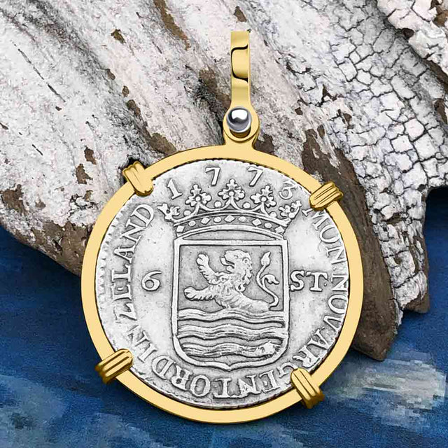 Dutch East India Company 1773 Silver 6 Stuiver Ship Shilling "I Struggle and Survive" 14K Gold Pendant