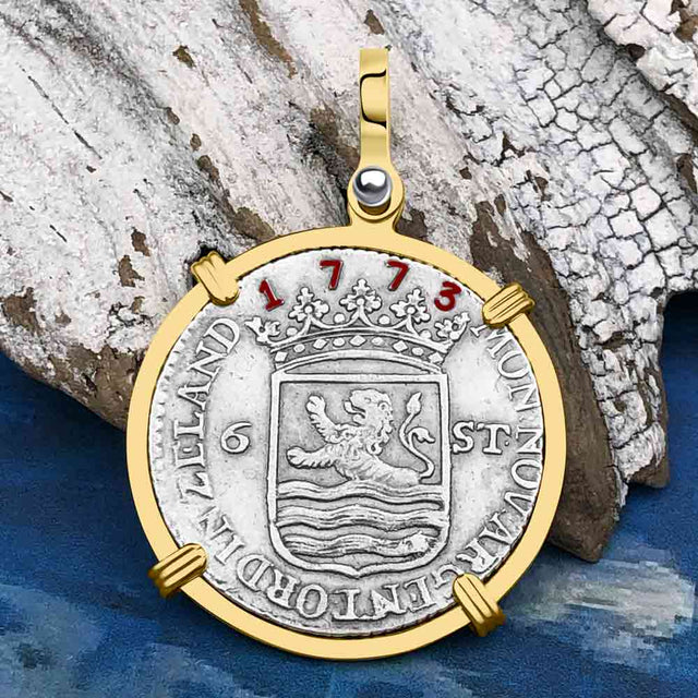 Dutch East India Company 1773 Silver 6 Stuiver Ship Shilling "I Struggle and Survive" 14K Gold Pendant