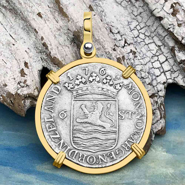 Dutch East India Company 1769 Silver 6 Stuiver Ship Shilling "I Struggle and Survive" 14K Gold Pendant