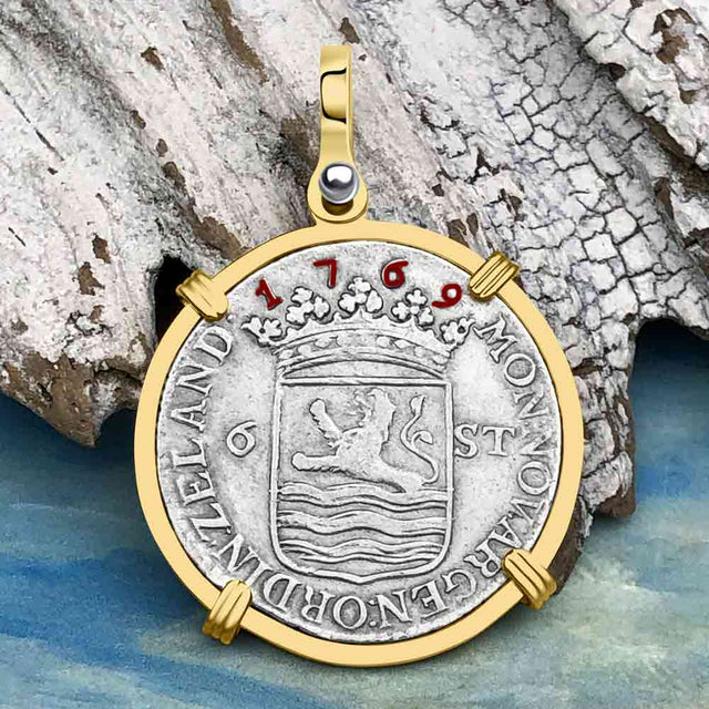Dutch East India Company 1769 Silver 6 Stuiver Ship Shilling "I Struggle and Survive" 14K Gold Pendant