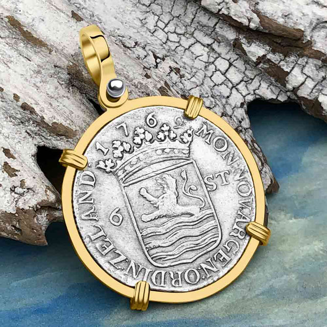 Dutch East India Company 1769 Silver 6 Stuiver Ship Shilling "I Struggle and Survive" 14K Gold Pendant