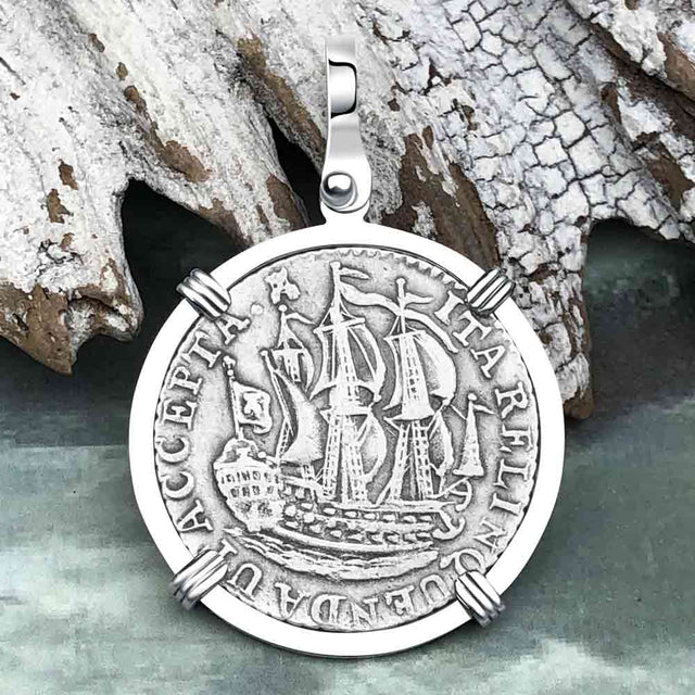 Dutch East India Company 1791 Silver 6 Stuiver Ship Shilling "I Struggle and Survive" 14K White Gold Pendant