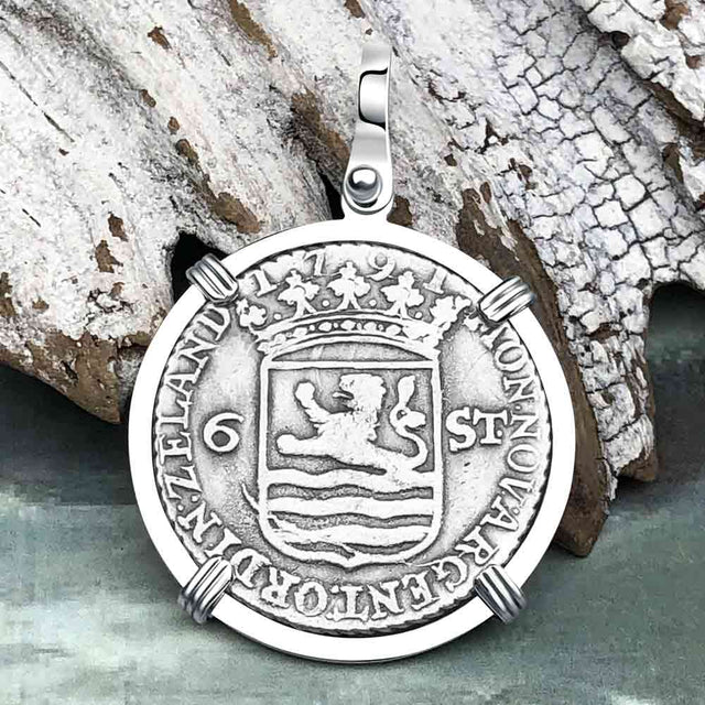 Dutch East India Company 1791 Silver 6 Stuiver Ship Shilling "I Struggle and Survive" 14K White Gold Pendant