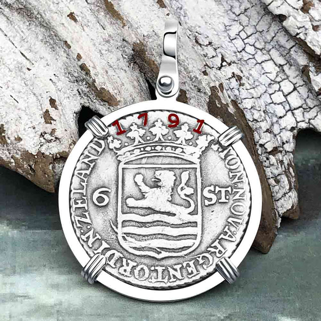 Dutch East India Company 1791 Silver 6 Stuiver Ship Shilling "I Struggle and Survive" 14K White Gold Pendant