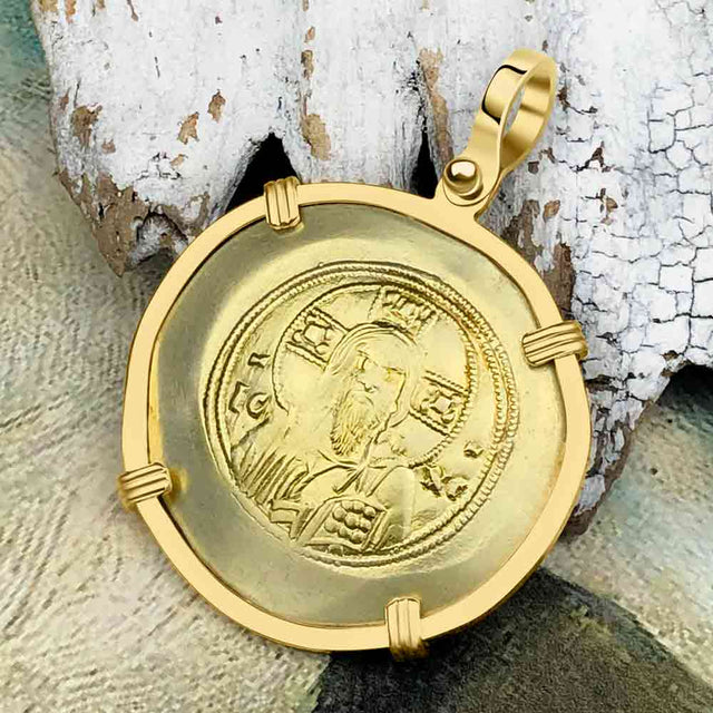 Byzantine Jesus Christ Histamenon Gold Coin Circa 1071 AD 18K Gold Pendant