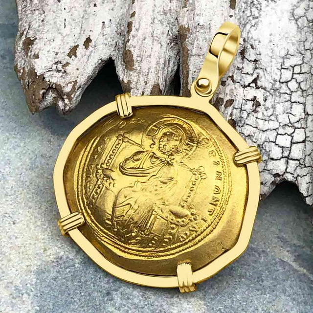 Byzantine Jesus Christ King of Kings 24K Gold Histamenon Nomisma Coin Circa 1059 AD 18K Gold Pendant