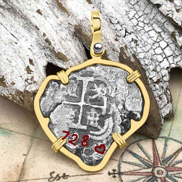 Heart Shaped Pirate Era 1728 Spanish 2 Reale Cob Piece of 8 14K Gold Pendant