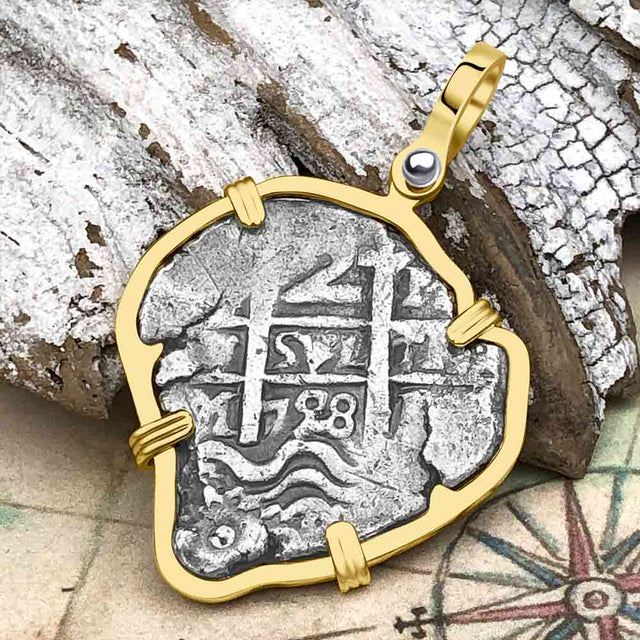 Heart Shaped Pirate Era 1728 Spanish 2 Reale Cob Piece of 8 14K Gold Pendant